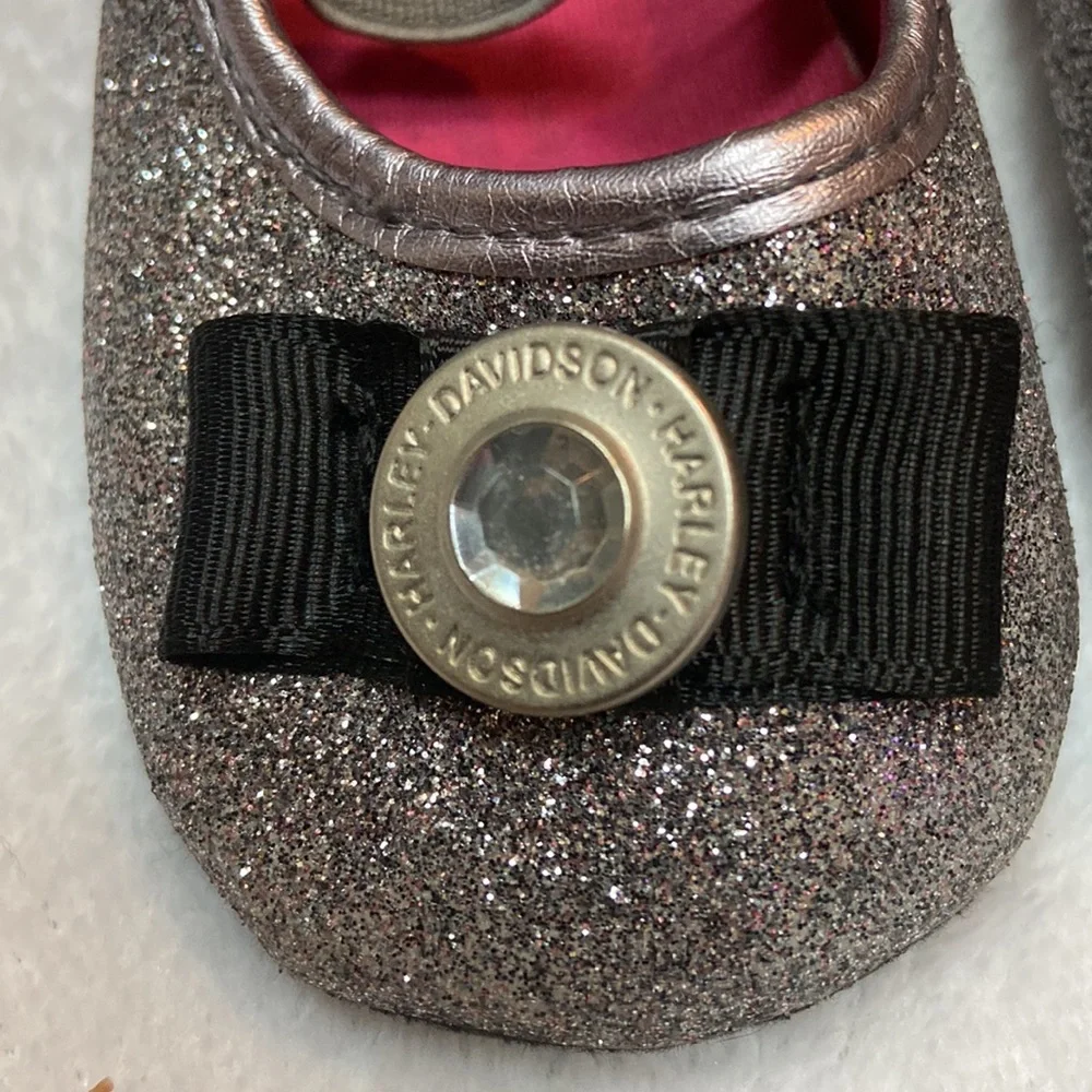Harley-Davidson Silver Glitter Girls' Mary Jane Shoes with Pink Lining